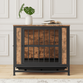 Dog Crate Furniture, Wooden Dog Crate Table, 27.48  Dog Kennel With 2 Sliding Doors And Thick Iron Door Frame, Decorative Pet Crate House For Sma (Option: Black Brown)
