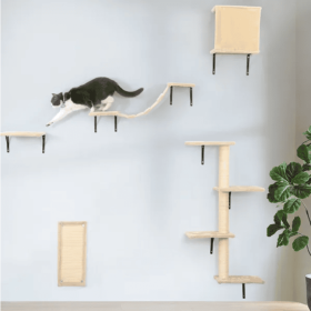 5 Pcs Wall Mounted Cat Climber Set  Floating Cat Shelves And Perches  Cat Activity Tree With Scratching Posts  Modern Cat Furniture (Color: Beige)