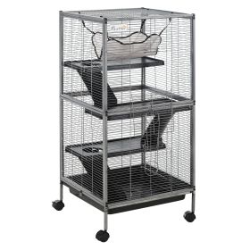 Large Metal 4 Tiers Small Animal Cage With Hammock, Removable Tray, Extra Space For Ferrets Chinchillas, Gray (Color: Black)