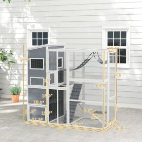 Large Wooden Outdoor, Cat Enclosure W 4 Tier Resting Rooms, 3 Platforms, 1 Soft Ladder, 2 Ramps, 1 Hammock, Gray (Option: Gray)