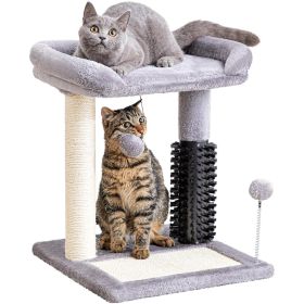 Small 4-in-1 Cat Tree Tower With Self-grooming Brush And Natural Sisal Scratching Post, Soft Plush Cat Bed And Hanging Ball, Suitable For Indoor (Color: Grey)