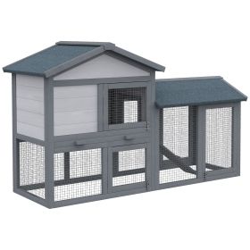 Outdoor Rabbit Hutch Wooden Bunny Cage Guinea Pig House With Run Area Removable Tray Asphalt Roof Lockable Doors Ramp Gray (Color: Grey)