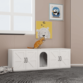 Modern Cat Litter Box Furniture With Double Room, Wooden Cat Litter Box Furniture With Cat Door (Color: White)