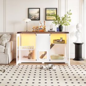 47.25 Large Cat Litter Box Enclosure With LED Light, Hidden Litter Box Furniture, Cat House With Stairs And Cat Scratching Post, Cat Cabinet Side (Color: White)