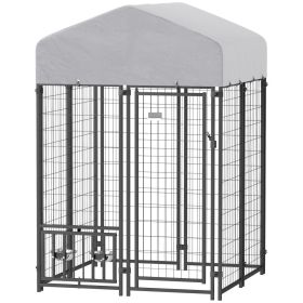 Welded Wire Outdoor Dog Kennel With 360 Rotating & 4 Levels Adjustable Bowls, Waterproof Cover, 3.9 X 3.9 X 6 (Color: Grey)